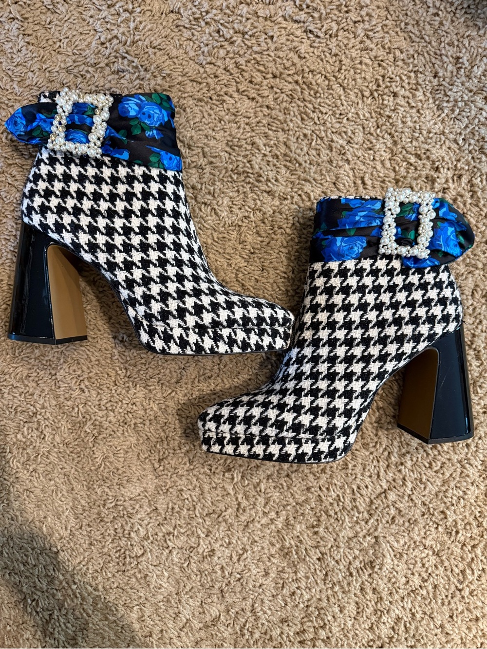 Betsey Johnson Black & White Houndstooth Ankle Boots with Blue Floral Buckle